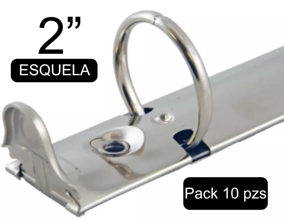 Paquete de 10 piezas de herraje tamaño esquela de 216 mm con tres argollas circulares de 2 pulgadas de diámetro, con palancas, base de 45 mm, y acabado níquel. Paquete de 10 piezas de herraje tamaño esquela de 216 mm con tres argollas circulares de 2 pulgadas de diámetro, con palancas, base de 45 mm, y acabado níquel.